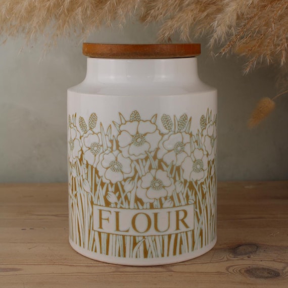 Vintage Hornsea Fleur Flour Jar | Retro Green Floral Kitchen