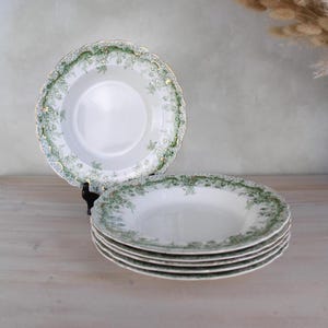 Set of 6 Waterloo Potteries Cromer Pasta Bowls in Green Leaf Design | Large Shallow Wide Brim Soup Pasta Bowls | Vintage Servingware