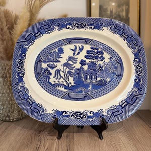 Large Woods Ware Blue and White Old Willow Design Vintage Platter | Vintage Serving Plate in Blue and White | Collectable China and Ceramics
