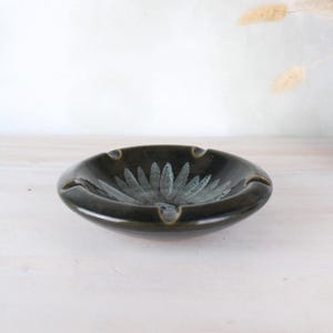 Lotus Pottery Large Green Flower Ashtray | Mid Century Pottery | Trinket Dish Ring Dish | Olive Green Retro Ceramic Ashtray | Vintage Gift
