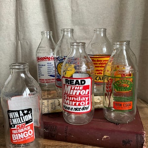 Mid century glass milk bottles | funky pop art logo | glass bottles | retro milk bottles | housewarming gift