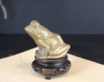 Vintage Brass Frog Figurine on Wooden Base | Animal Lover Gift
