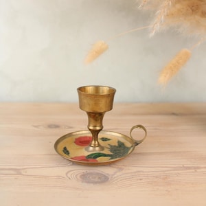 Brass and Enamel Candlestick Holder with Handle | Candle Holder Stand | Vintage Retro Brass Home Accent Decor | Perfect Candle Lover Gift