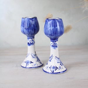 Pair of Delft Blue and White Candlesticks | Blue and White Country Rustic Home Decor | Perfect Vintage Housewarming Gift