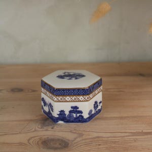 May include: An octagonal porcelain trinket box with a white base and blue landscape and floral designs. The lid and sides feature intricate patterns and a gold trim. A decorative storage container.