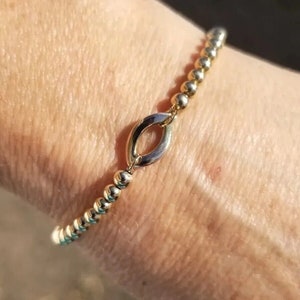 Stretch or Clasp 14k Solid Gold Evil Eye Wavy Connector 4mm Gold Bead Bracelet