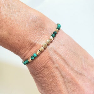 14k Solid Yellow Gold Green Malachite 4mm Nugget Stretchy or Lobster Bracelet