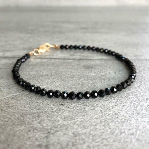 14K Solid Yellow, Rose or White Gold Black Tourmaline 3mm Faceted Bead Bracelet