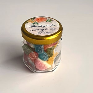 Personalised Hexagonal 45ml Mixed Halal Mixed Sweets Favour Jars for Weddings, Baby Showers, Birthday Parties, or any other Occasions