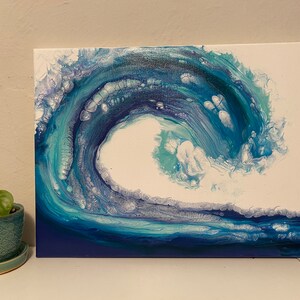 Blue Acrylic Pour Ocean Wave Wall Art on Canvas Fluid Abstract Art ...