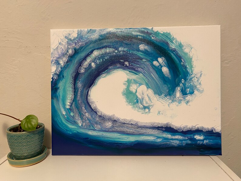 Blue Acrylic Pour Ocean Wave Wall Art on Canvas Fluid Abstract Art ...