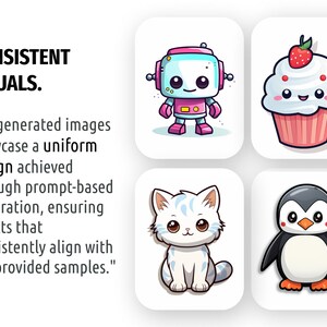 May include: Four cartoon illustrations of a robot, cupcake, cat, and penguin. Each illustration is in a square frame with a white background.