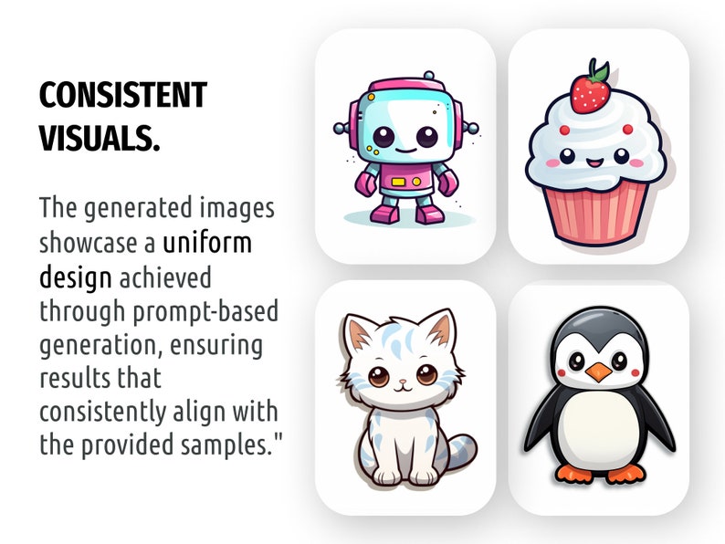 May include: Four cartoon illustrations of a robot, cupcake, cat, and penguin. Each illustration is in a square frame with a white background.