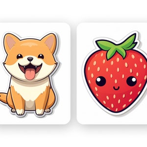 May include: Two cartoon stickers, one of a happy orange and white dog with a pink tongue sticking out and the other of a red strawberry with a happy face and green leaves.