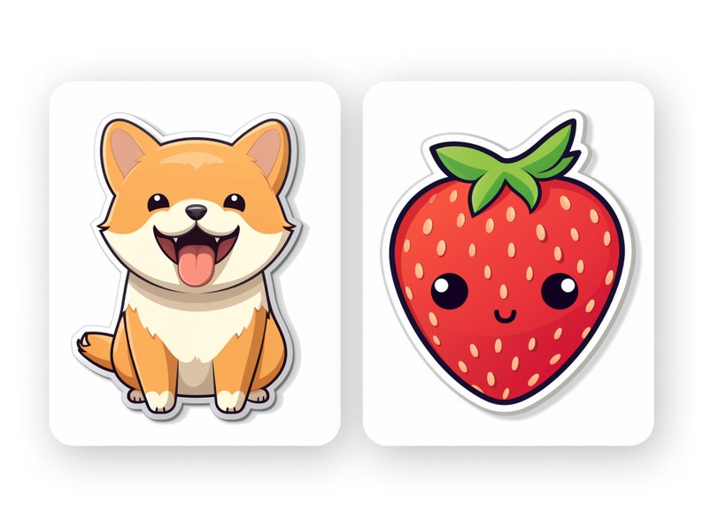 May include: Two cartoon stickers, one of a happy orange and white dog with a pink tongue sticking out and the other of a red strawberry with a happy face and green leaves.