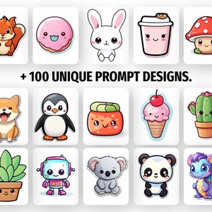 May include: A collection of 18 cute cartoon stickers featuring various characters and objects, including a fox, a donut, a rabbit, a coffee cup, a mushroom, a dog, a penguin, a sushi roll, an ice cream cone, a cactus, a succulent, a robot, a koala, a panda, and a dragon.  The stickers are all in a cartoon style and have bright colors.  + 100 UNIQUE PROMPT DESIGNS.