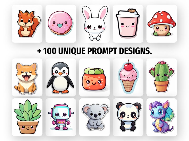 May include: A collection of 18 cute cartoon stickers featuring various characters and objects, including a fox, a donut, a rabbit, a coffee cup, a mushroom, a dog, a penguin, a sushi roll, an ice cream cone, a cactus, a succulent, a robot, a koala, a panda, and a dragon.  The stickers are all in a cartoon style and have bright colors.  + 100 UNIQUE PROMPT DESIGNS.