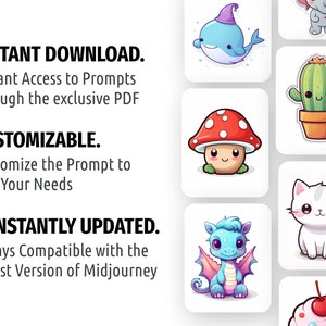 May include: A digital download of Midjourney prompts for creating cute cartoon characters. The image shows examples of prompts, including a whale, a cactus, a mushroom, a cat, a dragon, and a cupcake.