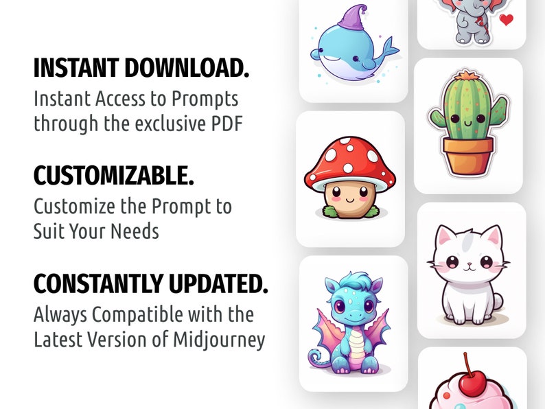 May include: A digital download of Midjourney prompts for creating cute cartoon characters. The image shows examples of prompts, including a whale, a cactus, a mushroom, a cat, a dragon, and a cupcake.
