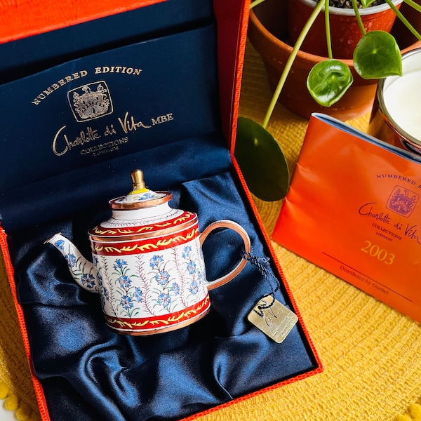 Vintage Charlotte Di Vita Sevres Hard Paste Boxed Miniature Teapot, Hand Painted Rare Porcelain Bibelot Mini Teapot, Enamel Copper Bauble