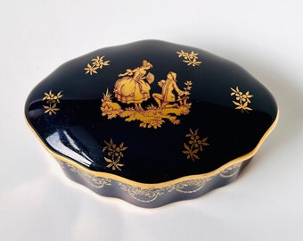 Limoges Castel France Courting Couple Oval Trinket, Lidded Trinket Box Fragonard Cobalt Blue, Jewellery Box 22K Gold Mom Mother Easter Gift