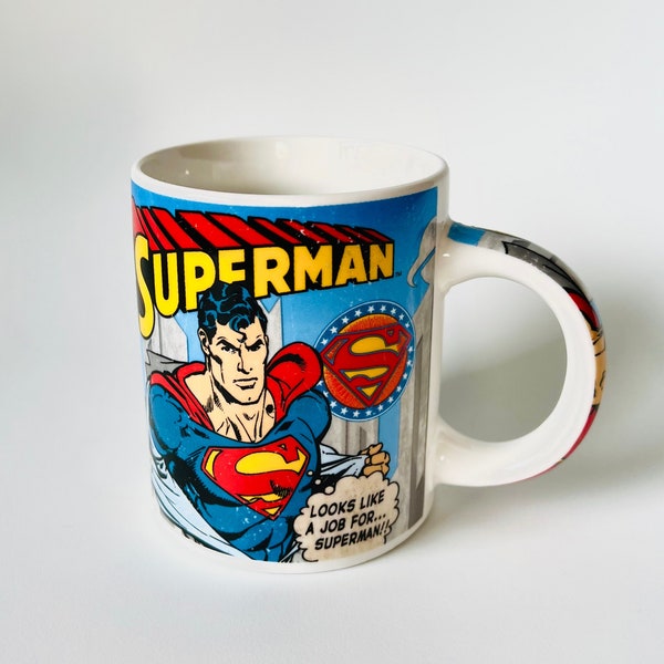 Vintage Superman Mug,  DC Comics Superman Coffee Tea Cup 2000s Retro 80s Fan Lover Valentine's Day Gift Boyfriend Collectible Blue White Red