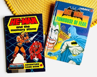 BATMAN & HE-MAN Vintage Retro Book, Funhouse of Fear by Ladybird Books Comics 1980s, Illustrated Fiction Action Children's Picture Book