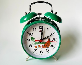 Vintage Style Pecking Emerald Green Chicken Hen Alarm Clock, Retro Style Animated Vintage Desk Clock Chinese 60s Grandmother Country Home