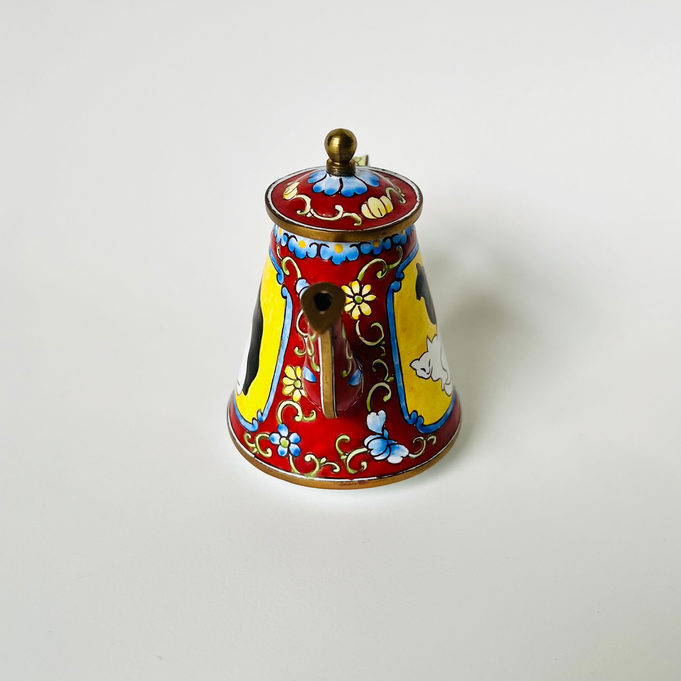 Vintage Enamel Copper Handpainted Miniature Teapot the Cat