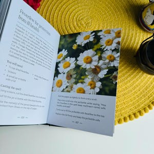 May include: Open book with a white background, showing a page with instructions on how to use feverfew for protection from illness. The page includes a list of ingredients and steps for a spell. The opposite page shows a close-up image of white daisy-like flowers.