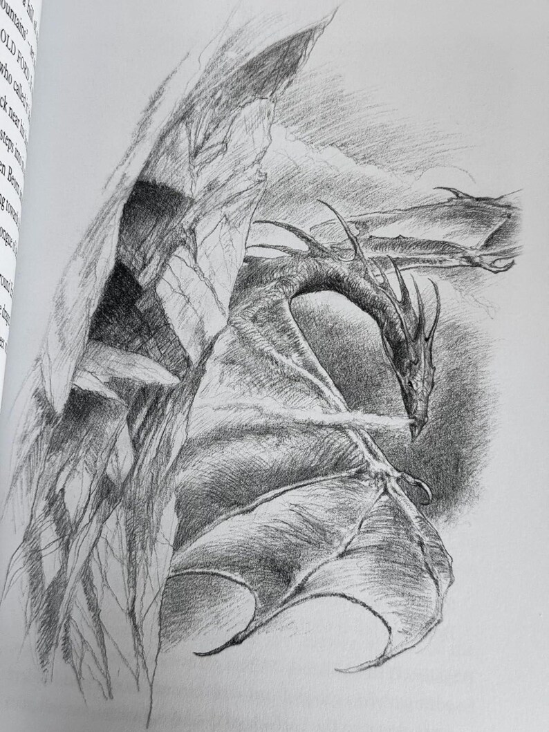 May include: A pencil sketch of a dragon emerging from behind a rock formation. The dragon has detailed wings and a long neck, with a detailed texture. The artwork is in black and white, with shading to create depth and dimension.