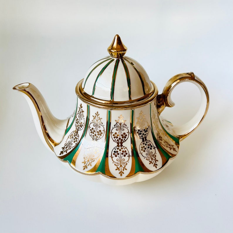 RARE Vintage Sadler England Carousel Bell Shaped Green Gold Teapot With