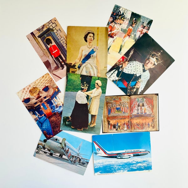 LOTof9 cartes postales vintage monarque britannique Cartes du jubilé de la reine Elizabeth II soldat de la garde britannique Boeing 737 Britannia Airways roi Henry VIII