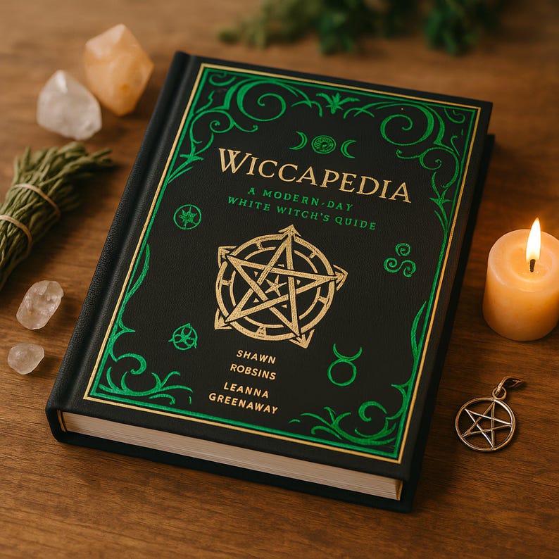 以下が含まれることがあります： 「Wiccapedia: A Modern-Day White Witch's Guide」というタイトルの黒いハードカバーの本で、金色の文字と緑色のアクセントが施されています。表紙には、金色の縁取りのある五芒星と三日月のシンボルが描かれています。