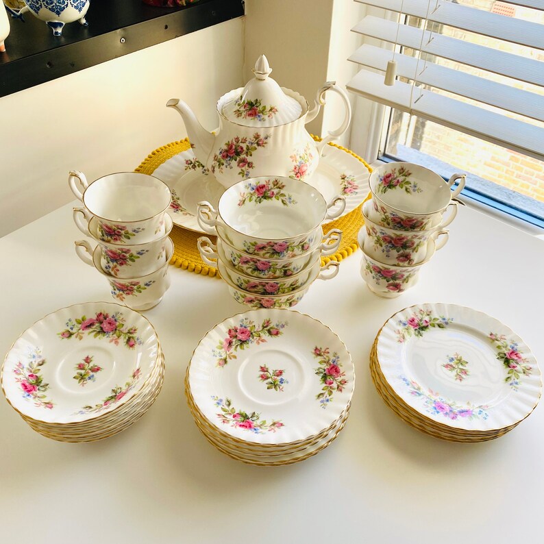 Vintage Royal Albert Moss Rose Tea Set, Moss Rose Large Teapot, Elegant