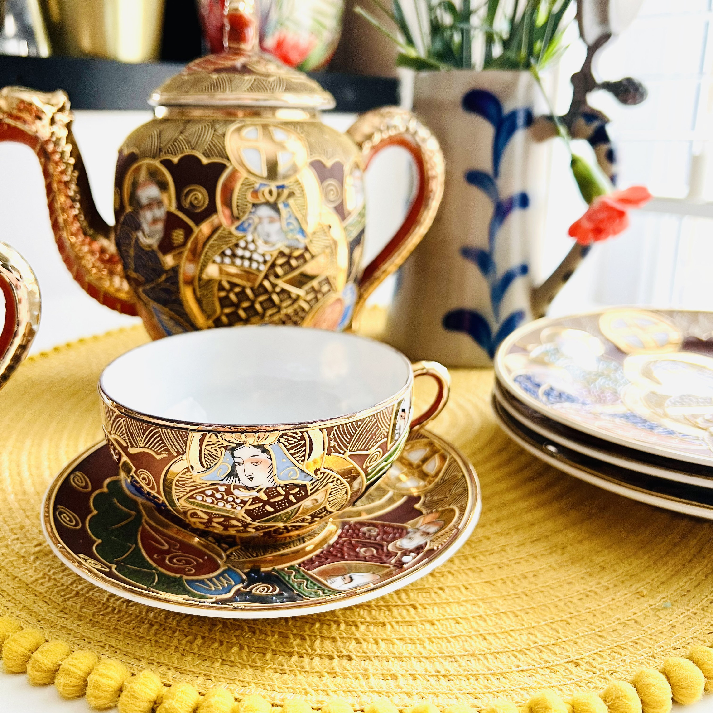 Antique Satsuma Japanese Tea and Coffee Set Japan Satsuma Ware Jar Dragon Lid Moriage Relief Hand painted Gold Gilt Satsuma Kutani Moriage Etsy