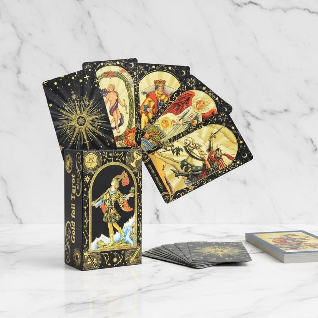 New Black Gold Foil Rider Waite Tarot Cards Deck, 78 Cards With Guide ...