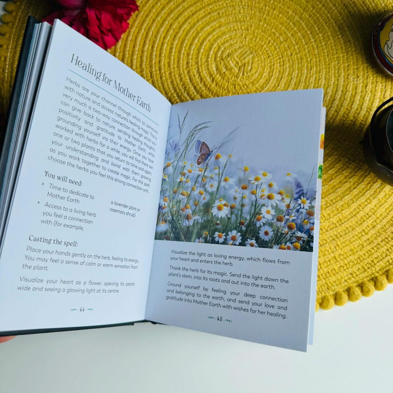 May include: Open book with a white background, showing a page with the title "Healing for Mother Earth". The page has text about using herbs to connect with nature and heal the earth. The page also has a picture of a butterfly on a field of white daisies.