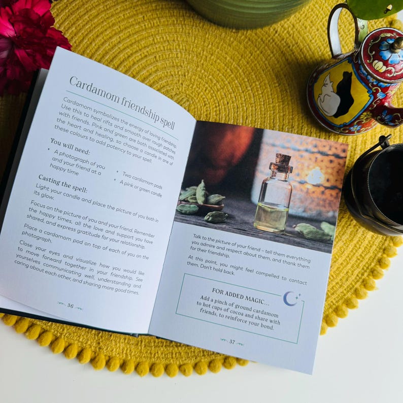 May include: Open book with a green and yellow cover showing a spell for friendship using cardamom. The book includes instructions for casting the spell, including using a photograph of you and your friend, cardamom pods, and a pink or green candle. The book also includes a tip to add a pinch of ground cardamom to hot cups of cocoa to share with friends.