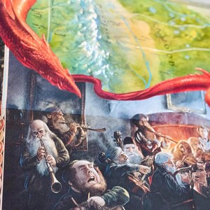 May include: A detailed illustration featuring a red dragon and a map with a mountainous landscape. Below, a group of bearded musicians play various instruments, including clarinets, cellos, and drums. The artwork has a fantasy theme.