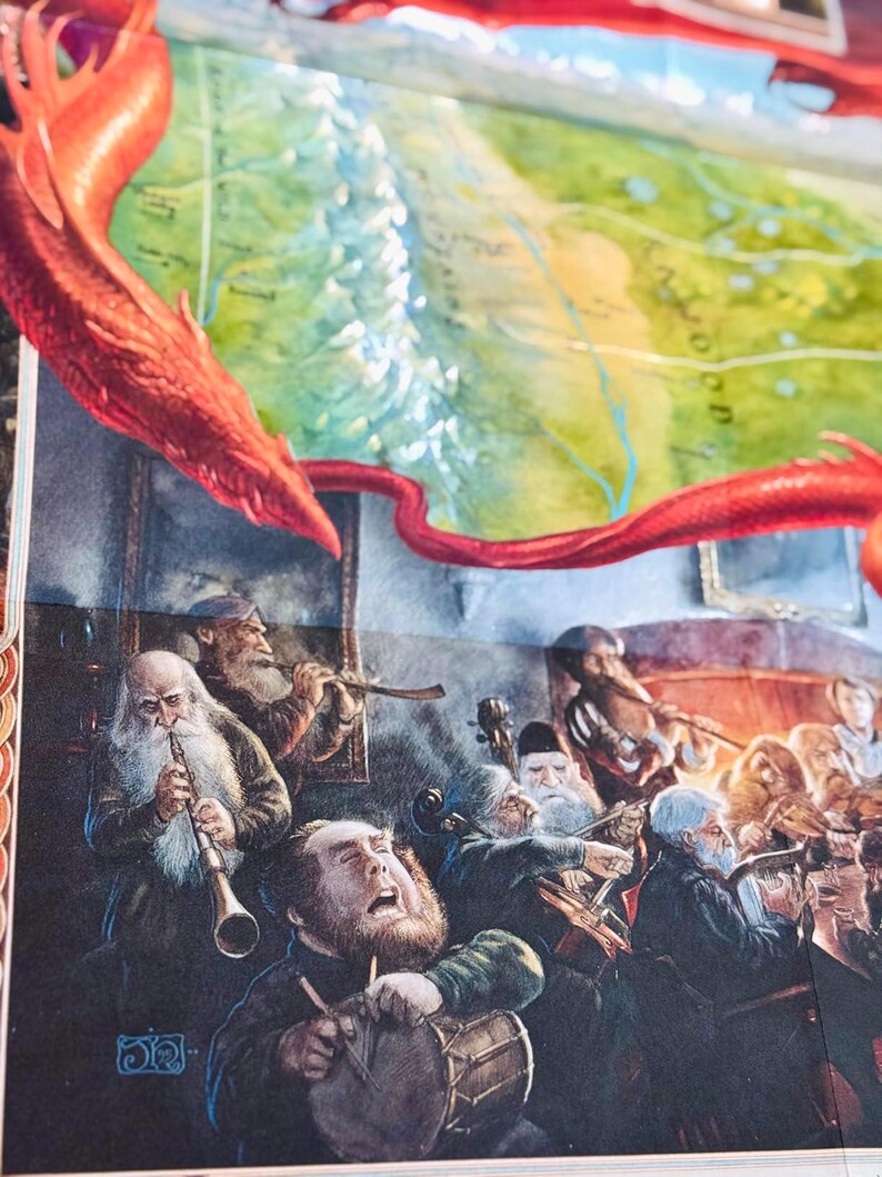 May include: A detailed illustration featuring a red dragon and a map with a mountainous landscape. Below, a group of bearded musicians play various instruments, including clarinets, cellos, and drums. The artwork has a fantasy theme.