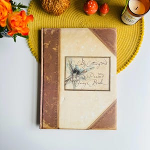 May include: A brown book with a beige cover and a gold border. The cover features a drawing of a fairy and the text "Lady Cottington's Pressed Fairy Book".