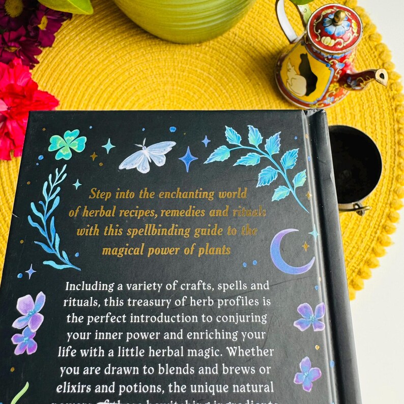 May include: A black book with a gold title that reads "Step into the enchanting world of herbal recipes, remedies and rituals with this spellbinding guide to the magical power of plants". The book cover features a crescent moon, stars, butterflies, and green leaves.