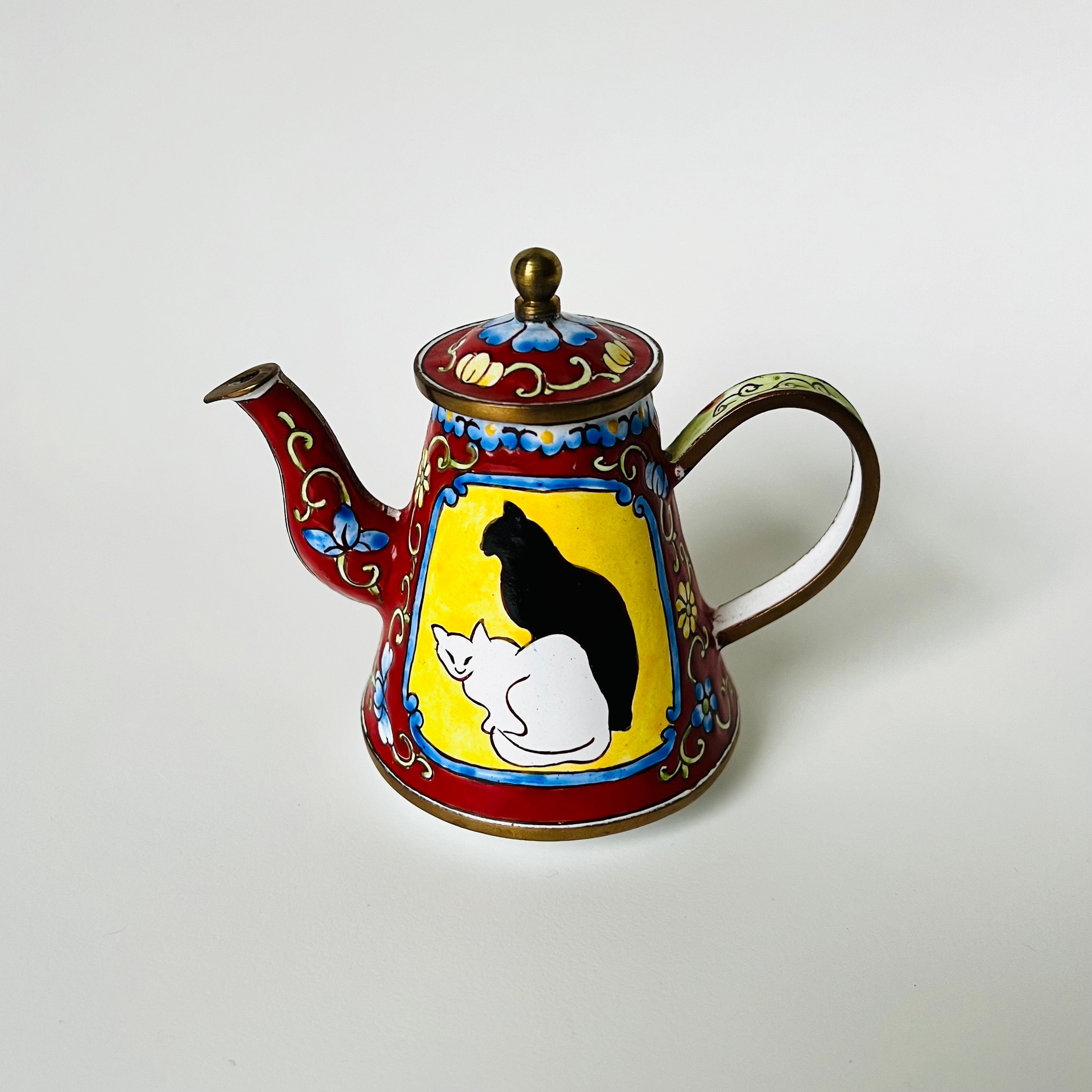 Vintage Enamel Copper Handpainted Miniature Teapot the Cat