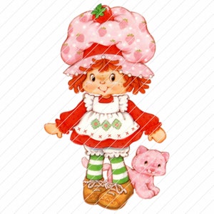 Graphique transparent Strawberry Girl des années 80 - Debout avec un chat