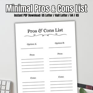 Simple Pros and Cons List Printable | Planner Printable, Decision Making Template | Instant Download PDF