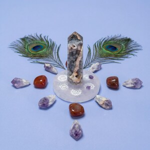 Chakra Crystal Set Selenite Charging Plate Amethyst Points Carnelian Stones Black Calcite Tower Energy Cleansing Grounding Kit