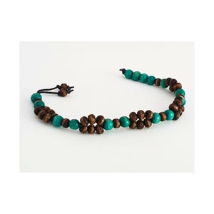 Handmade Turquoise & Brown Beaded Bracelet | Floral Loop Boho Jewellery | Natural Wood Bead Bracelet Gift for Her