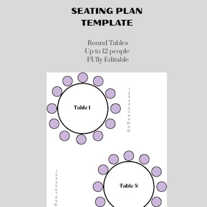Peut inclure: Un modèle de plan de table avec deux tables rondes, chacune pouvant accueillir jusqu'à 12 personnes. Le texte sur le modèle indique "SEATING PLAN TEMPLATE", "Round Tables", "Up to 12 people", et "Fully Editable".