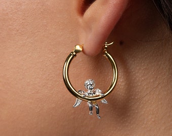 Cherub Hoop Earrings - 18kt Gold Vermeil and 925 Sterling Silver - Handmade